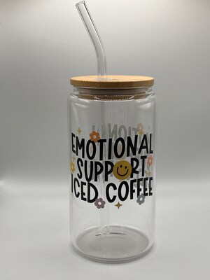 16 oz Emotional Support Ice Coffee Glass with Straw - image1